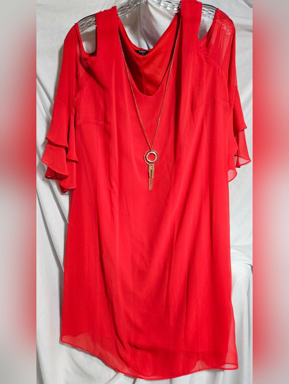 MSK cold shoulder Lined Midi dress, Layered Bell Sleeves, Bling Accent (Rrh)